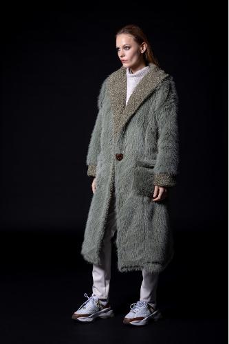 Long pastel green eco fur coat